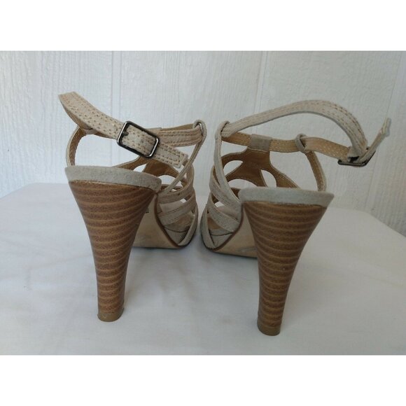 Cloud Walkers Antoinette Tan Vegan Suede Strappy T-strap 4" High Heels Sz 9 W - Picture 4 of 9
